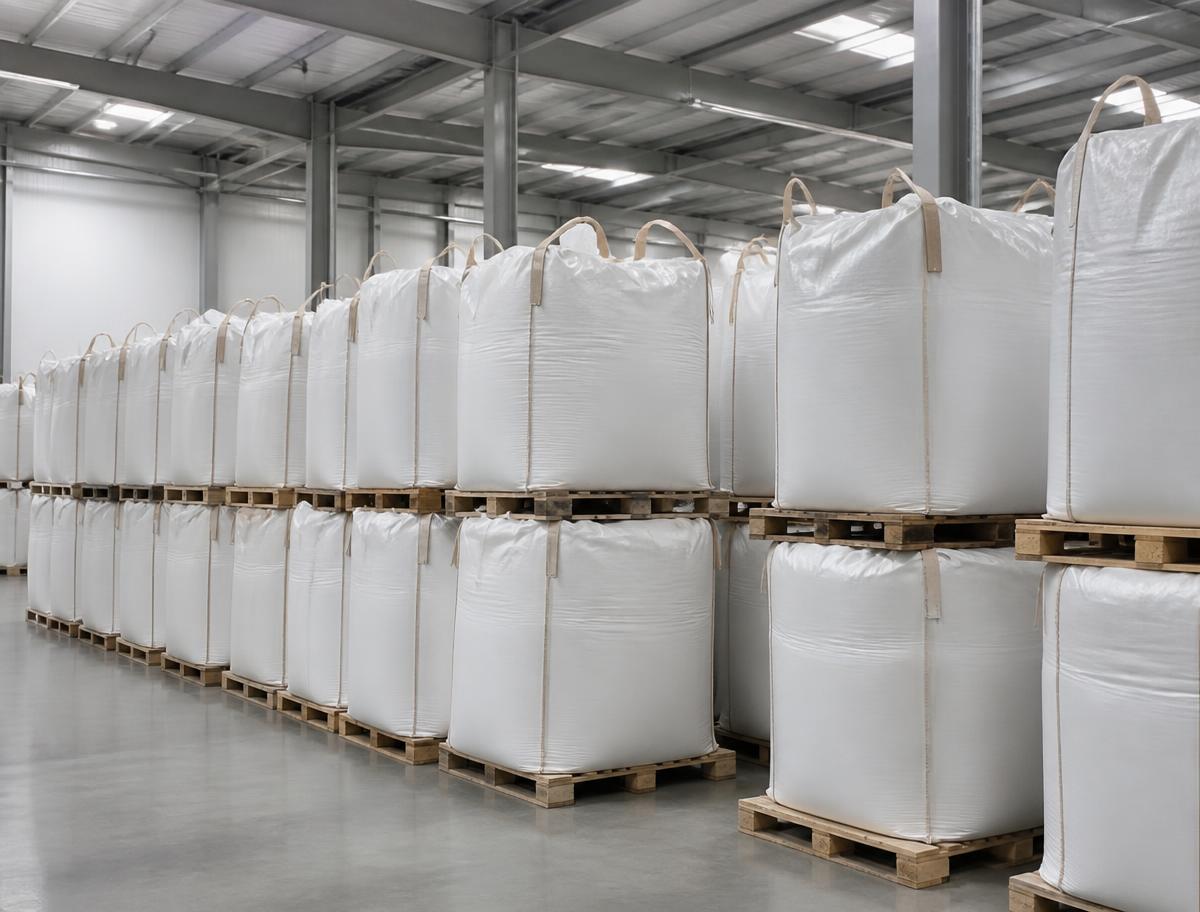 Big bags de matéria-prima plástica organizados em um centro de distribuição